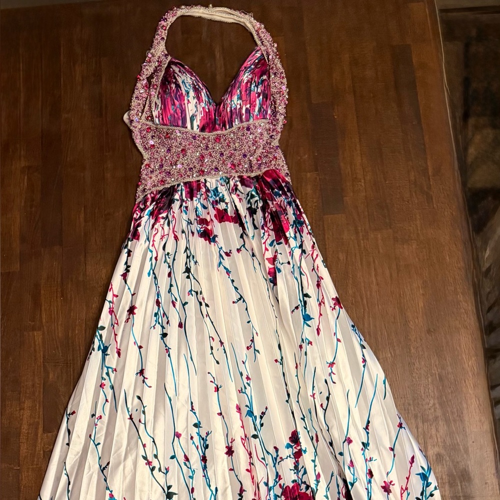 Jovani Ivory Gown with Pink and Fuchsia Beaded Embellishment